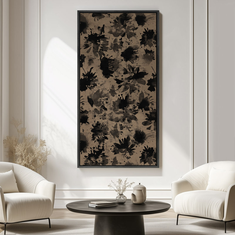 Motif floral moderne à l'encre moderne - motif abstrait botanique noir et taupe - grande impression encadrée sur toile de la chambre principale