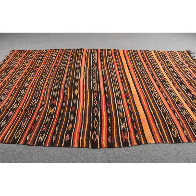 Grand tapis kilim rétro de conception réversible offrant un motif rayé pour une décoration traditionnelle