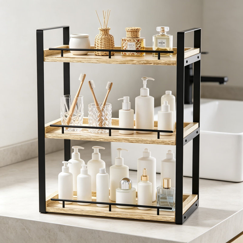 Organisateur de comptoir de salle de bain à 3 niveaux, tablette de comptoir en bois pour le rangement de maquillage pour la toilette, brun rustique avec support en métal durable pour l'évier de cuisine