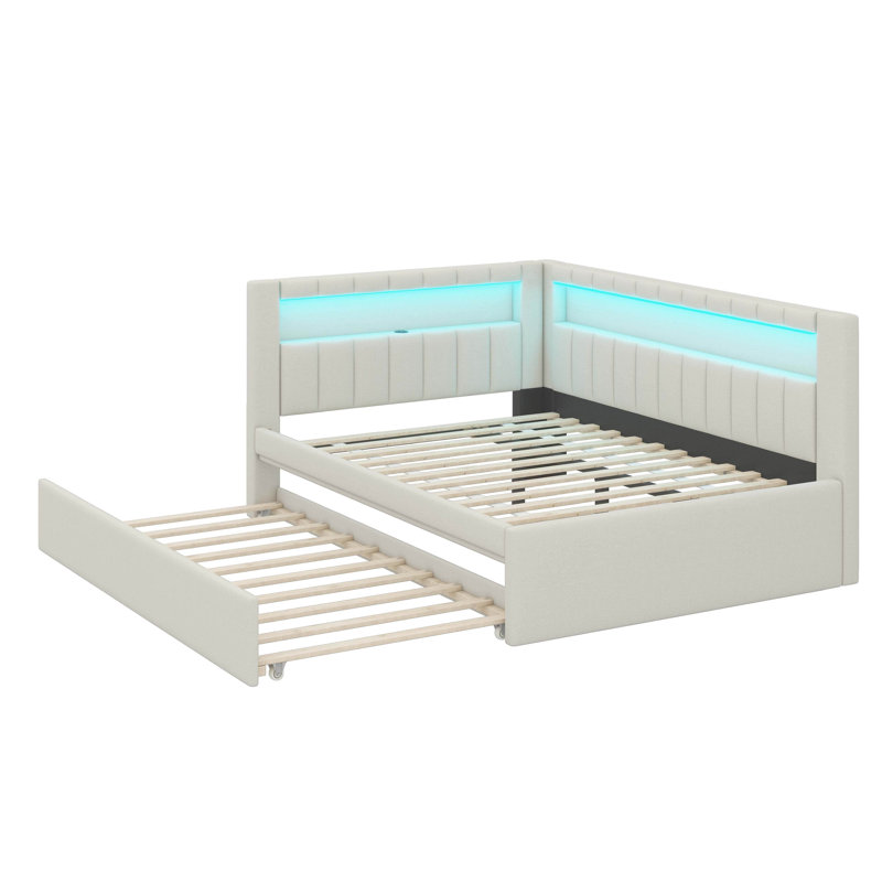 Entirely Upholstered Platform Bed Boasting USB Ports, LED Lighting, And A Trundle, White