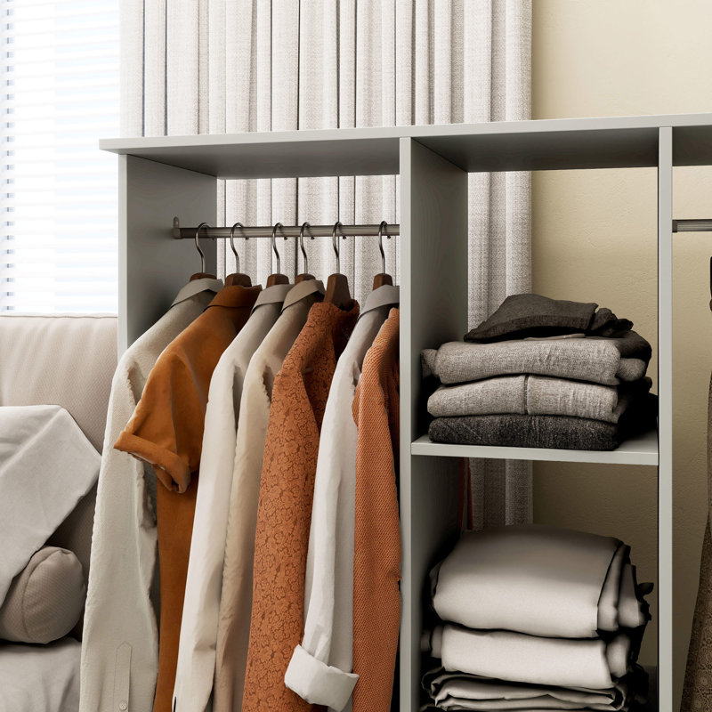 Natural Wood Grain Wheeled Double Hanging Open Garment Unit with Central Storage Shelving for Bedroom and Cloakroom Organisation