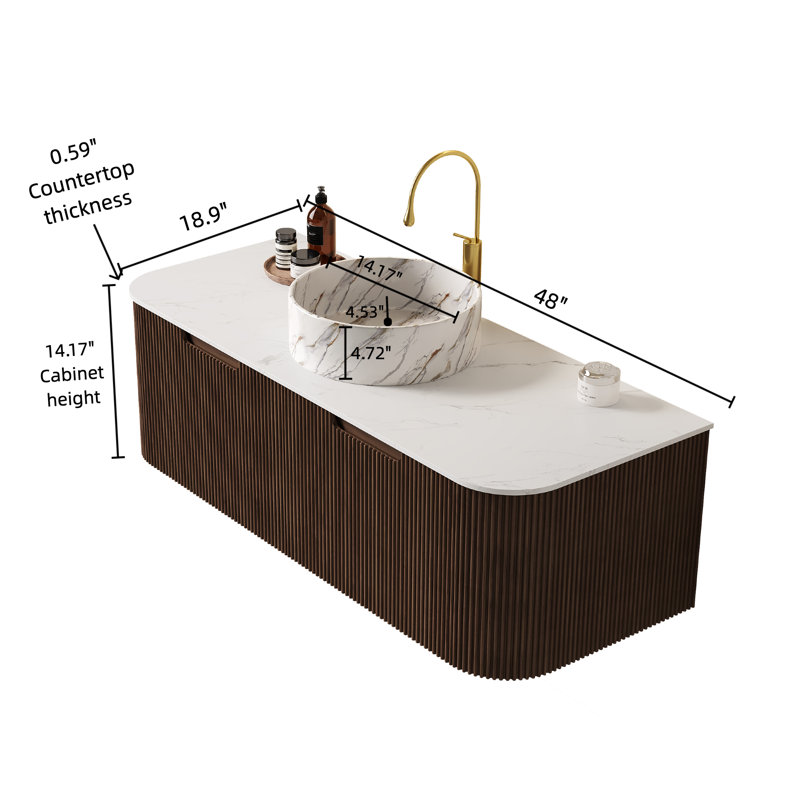 Wall-Mounted Curved Bathroom Vanity with Ceramic Sink and Storage, Dark Walnut