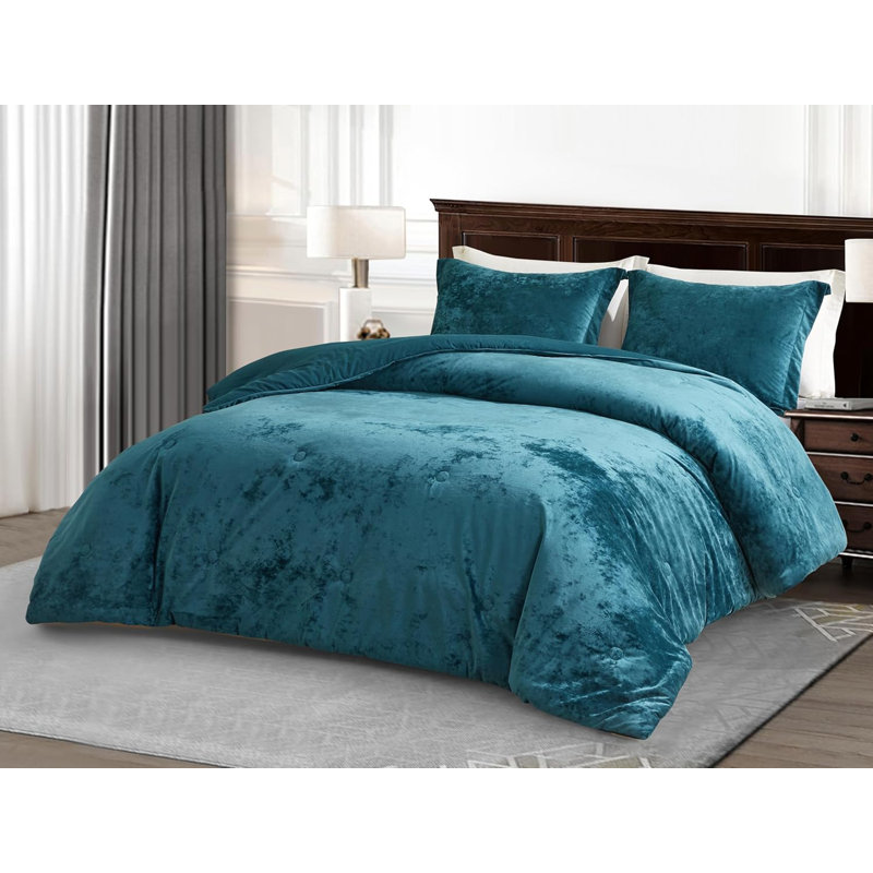 Lux Distressed Velvet Reversible Comforter Set, King Comforter + 2 King Shams, Teal