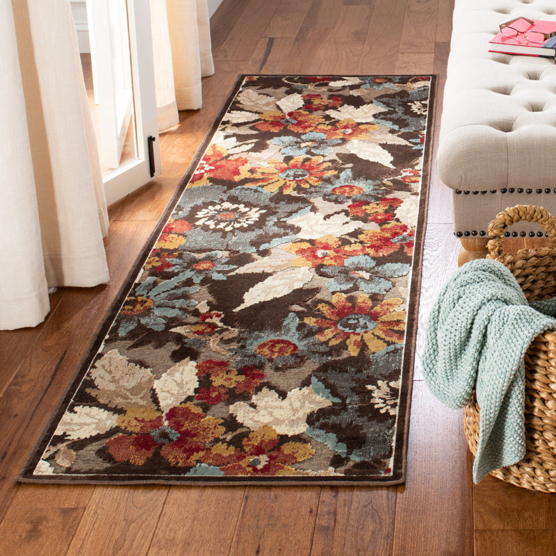 Tapis floral brun foncé Gordon, Tapis de couloir 2 pi 2 po x 8 pi