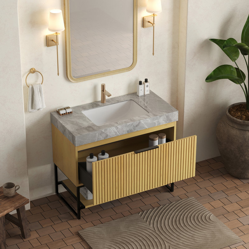 Meuble-lavabo et lavabo spacieux et moderne, pierre frittée gris clair