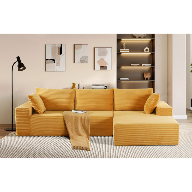 Canapé-lit modulaire moderne à 4 places convertible en velours côtelé jaune gingembre, pour des espaces de vie flexibles, faisant face à la droite, un rembourrage en mousse complète, aucun canapé modulaire à assembler, canapé doux et confortable