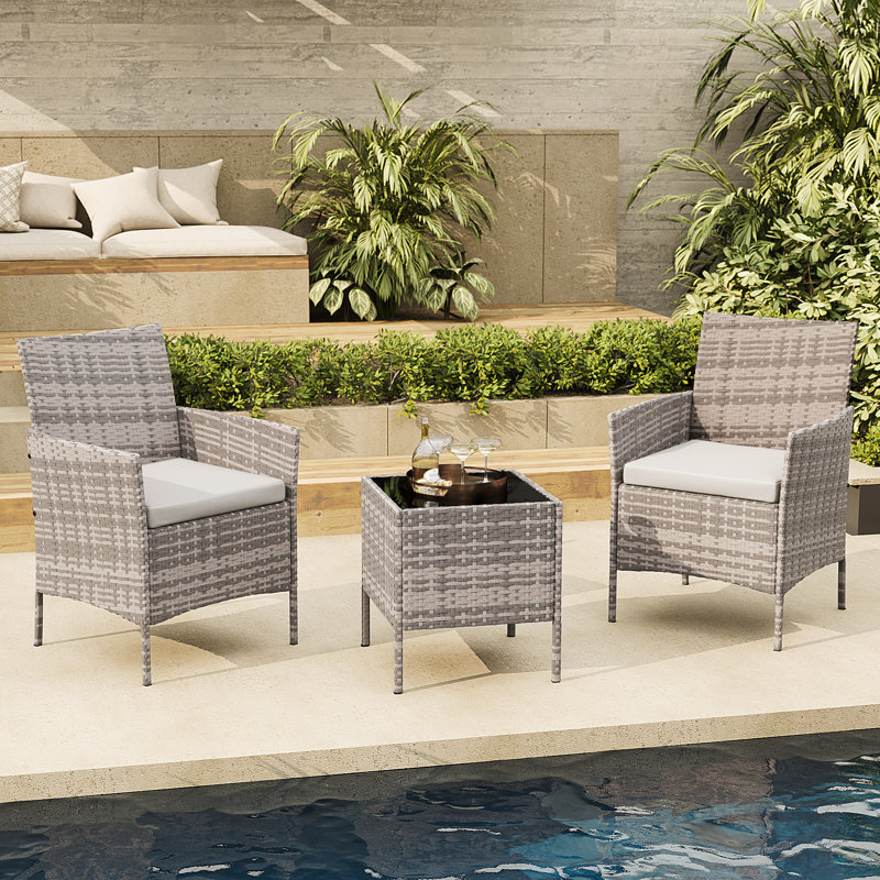 3-Piece Outdoor Bistro Set, PE Rattan Conversation Set with 2 Cushioned Chairs & Tempered Glass Table, All-Weather for Balcony/Patio
