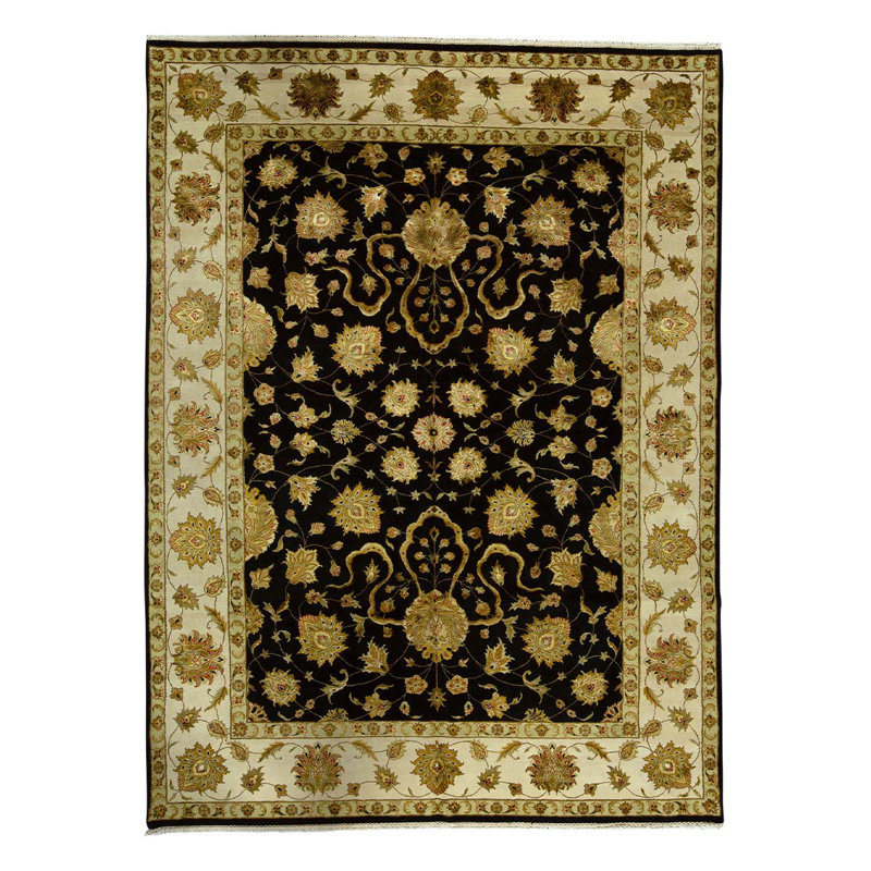 Tapis ivoire / noir / brun noué à la main de conception unique 9 pi 1 po x 12 pi 4 po