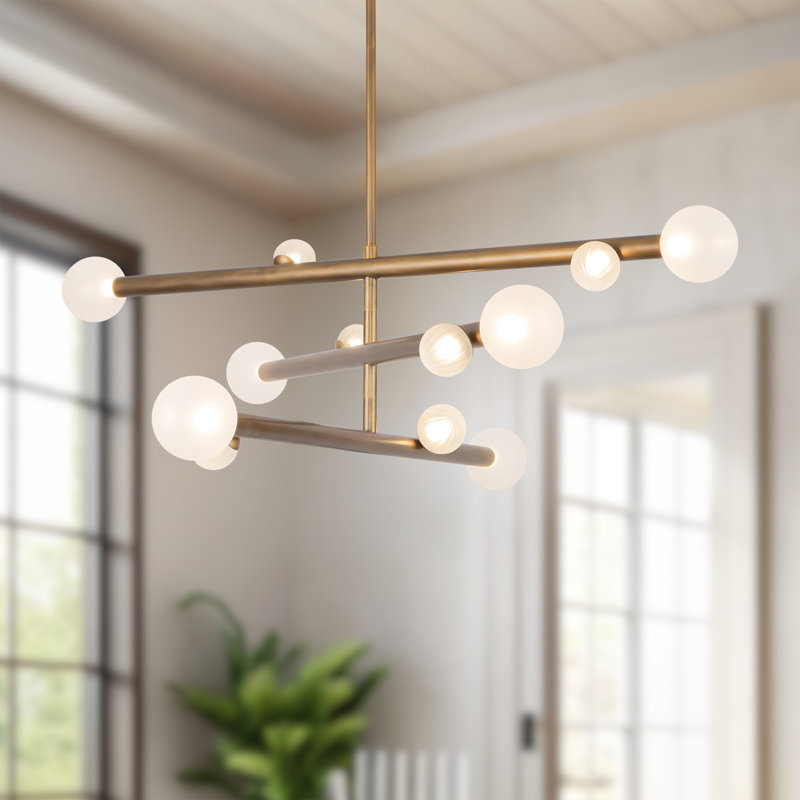 Reese 12 - Light Chandelier, Vintage Brass/Opal Glass