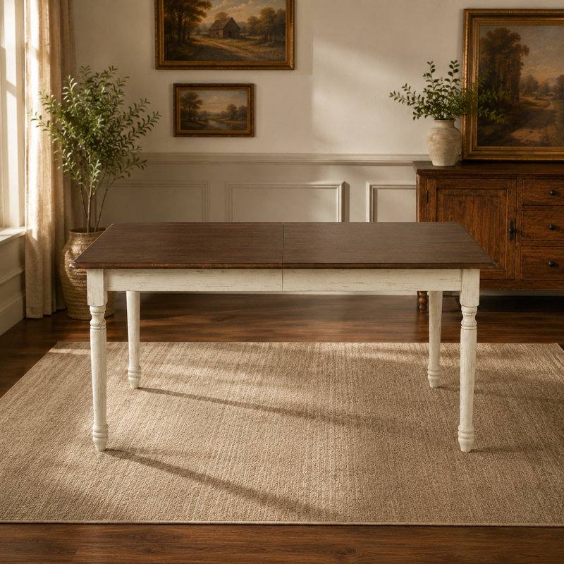 63"–78.7" Extendable Dining Table with Hidden Leaf, Solid Wood Turned Legs, Two-Tone Farmhouse Kitchen & Dining Room Table