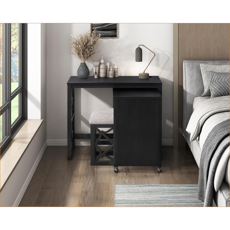 Ensemble de bureau à domicile 3 pièces avec bureau Tabouret rembourré, finition noire, 2 ports de chargement USB | Noir | Tissu texturé