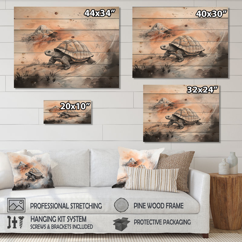 Stable Tortoise Perseverance - Impression sur bois gris moderne sur bois de pin naturel, H 34 po x l 44 po