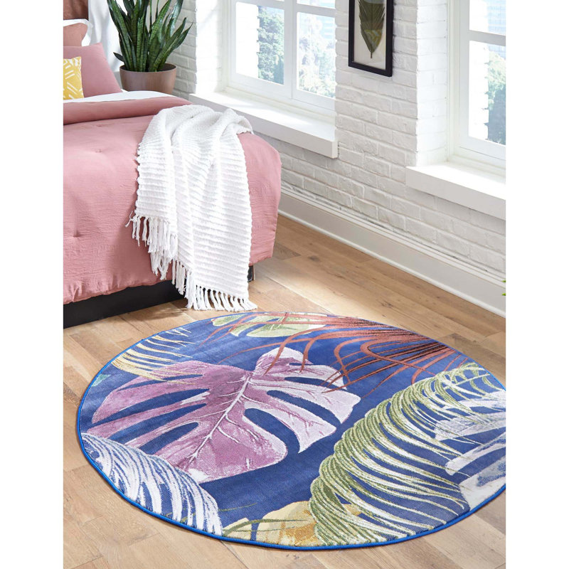 Tapis bleu marine / rose / jaune Lavern, Rond 7 pi