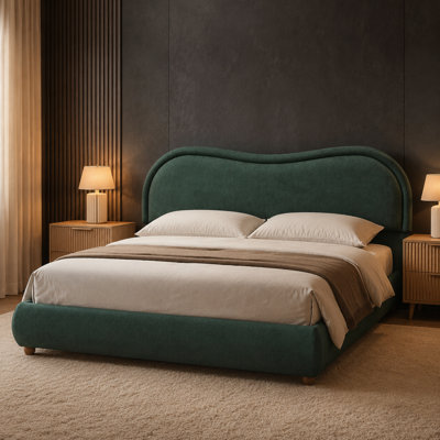 King Size Upholstered Platform Bed Frame with Rounded Corners Curved Padded Headboard, Premium Hardwood Slats, Durable Solid Wood Legs, Soft Skin-Friendly Chenille Upholstery