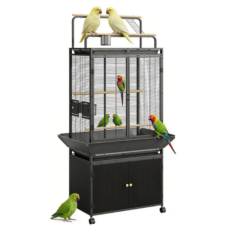 71" H Rolling Bird Cage,Large Rolling Birdcage with Top Stand & Storage Cabinet,Black Walnut Wood Parakeet Cage for Macaw Parrot Cockatiel Budgie