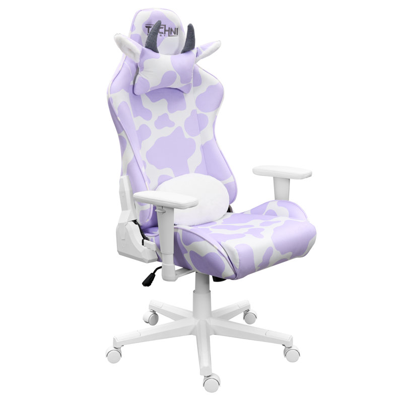 Lavender and White Velvet Ergonomic Gaming Chair with Cow Print