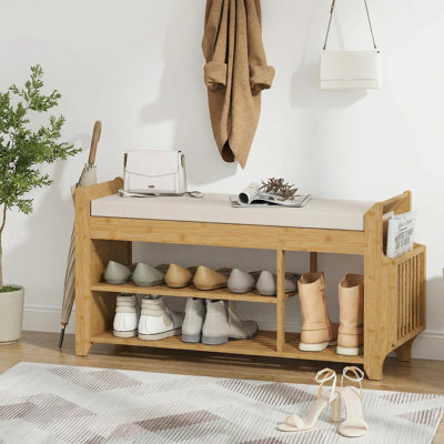 Banc à chaussures avec siège rembourré, banc d'entrée à 2 niveaux avec porte-parapluie latéral, range-chaussures en bambou naturel de 39,4 po pour couloir, salon, naturel et crème