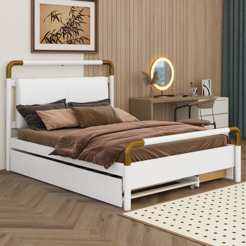 Grand lit plateforme avec lit gigogne T-XL et 2 tiroirs de rangement, cadre de lit en bois avec tête de lit tapissier, Blanc