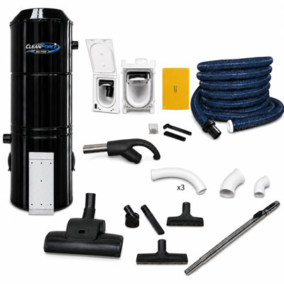 Système d'aspiration centralisée complet CLEANFORCE BV700 avec tuyau rétractable mural Hide-A-Hose® de 12 m – Puissance d'aspiration de 700 watts, filtration HEPA hybride