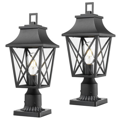 Black Outdoor Post Lights (2-Pack) – Hardwired Lantern Fixtures With Glass & Pier Base For Garden, Patio, And Pathway Lighting