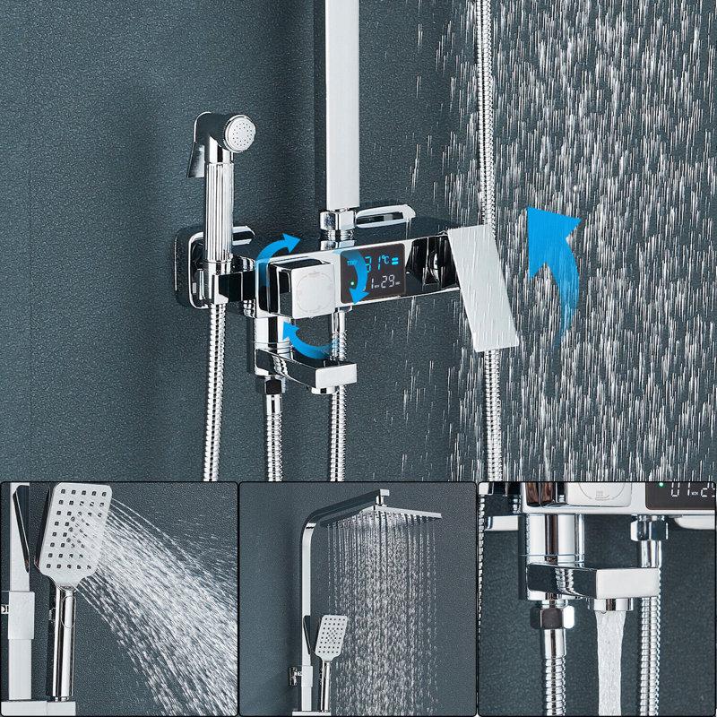 Chrome Exposed Shower Mixer Twin Head Largre Bar Set Bathroom Square Valve Taps