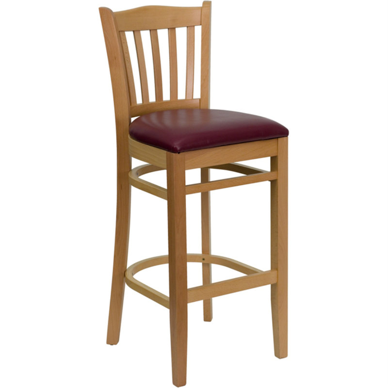 Prompton Vertical Slat Back Wooden Restaurant Barstool - Hospitality Seating, Burgundy, Natural, 1