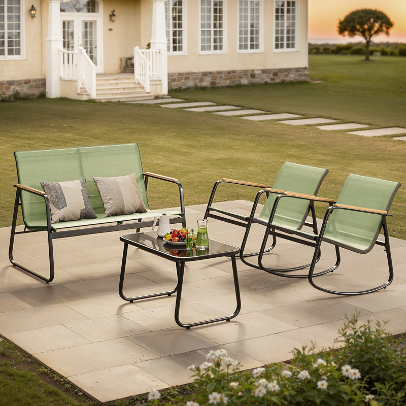 4 - Person Cooling PVC-coated polyester Outdoor Patio Seating Group with Rocking Chairs and Solid Wood Armrests, Green
