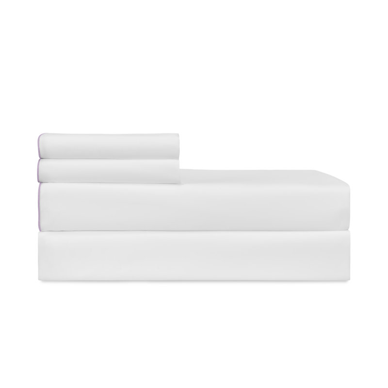 Arlo Percale Sheet Set, White/Lavender, Cal King Sheet Set with 2 King Pillowcases