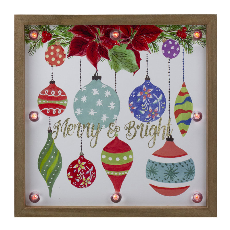 11,8 "Cadre en bois brun" Merry & Bright "avec ornements suspendus et plaque de Noël scintillante