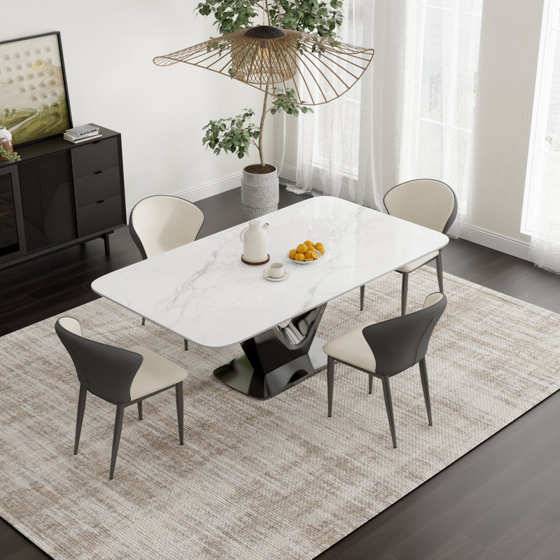 Malira Minimalist Modern White Rectangular Sintered Stone Dining Table with Pedestal Base, Pre-Assembly