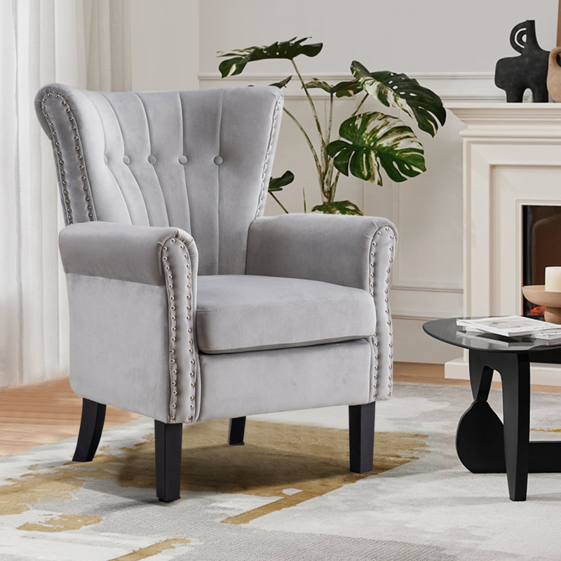 Accent Chair Upholstered Tufted Wingback With Nailhead Around For Room, Gray Velvet