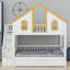 Lit superposé de style maisonnette avec toit, fenêtre, porte, tiroirs et escalier-1650969905