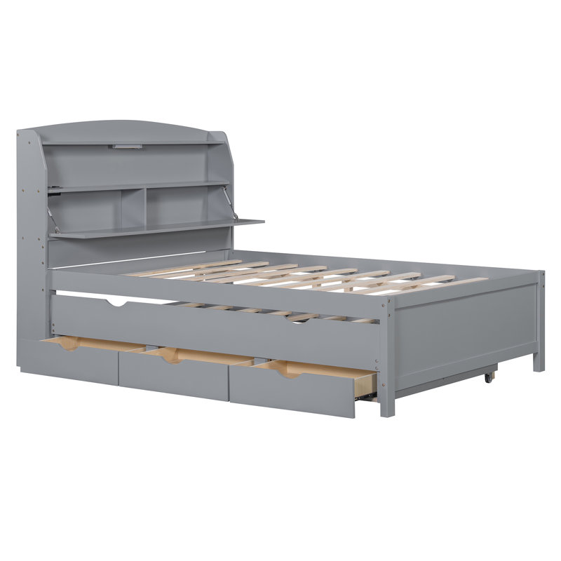 Wooden LED Platform Bed with Trundle Bed, Flip-Up Storage Headboard and Under-Bed Drawers, Multifunctional Full Size Bed Frame with USB Outlets