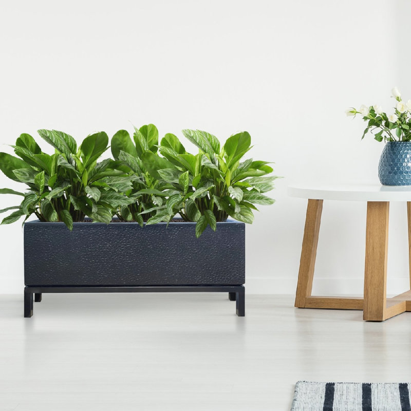Indoor Raised Trough Planter, Concrete Effect Rectangular Plant Pot with Hammered Pattern, Black Flower Pot on Metal Stand