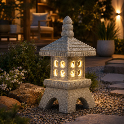 15.8"h Solar Single-layer Pagoda Garden Statue: Waterproof Resin Zen Decor - Patio Yard Lawn Decoration(gray)