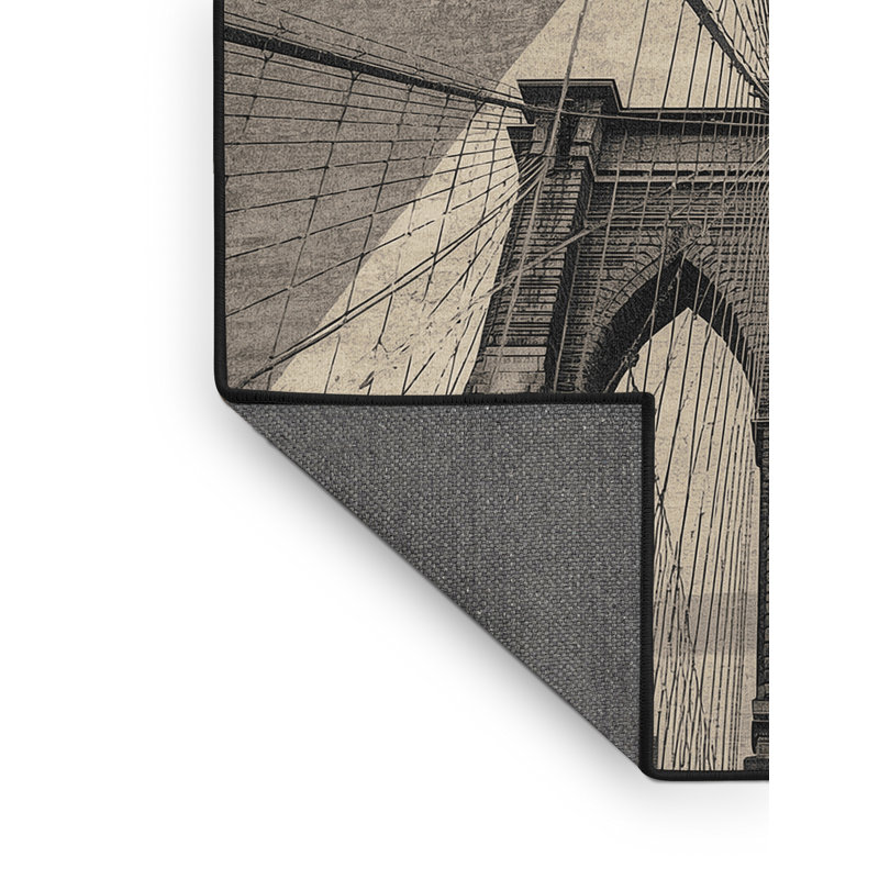 Soft Plush Burnham Brooklyn Bridge Industrial Geometric Area Rug in Beige – Black Binding, 7x9
