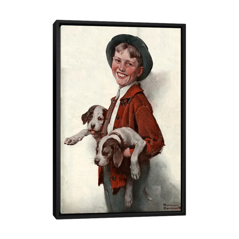 «Boy with Puppies», peinture sur toile tendue, H 26 po x l 18 po x P 1,5 po, Toile avec cadre noir, Pas de tapis