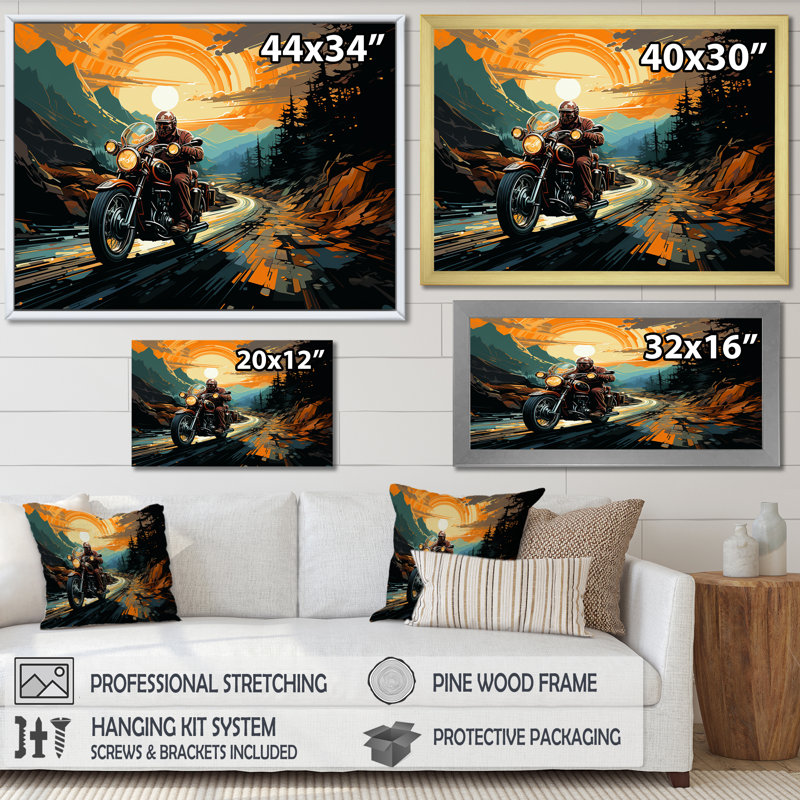 Expressionniste à moto, art mural sur toile, Cadre flottant noir, H 24 po x l 32 po x P 1 po