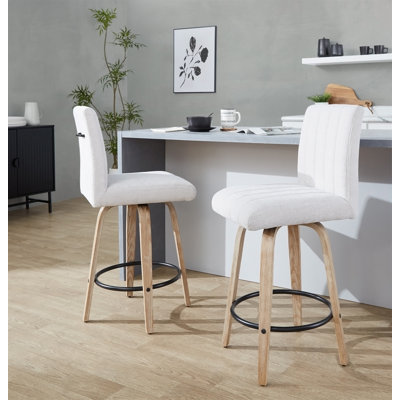 Tabouret de comptoir 26 po à hauteur fixe avec pivot en bois blanchi et tissu gris clair avec repose-pieds rond noir en métal 26 po