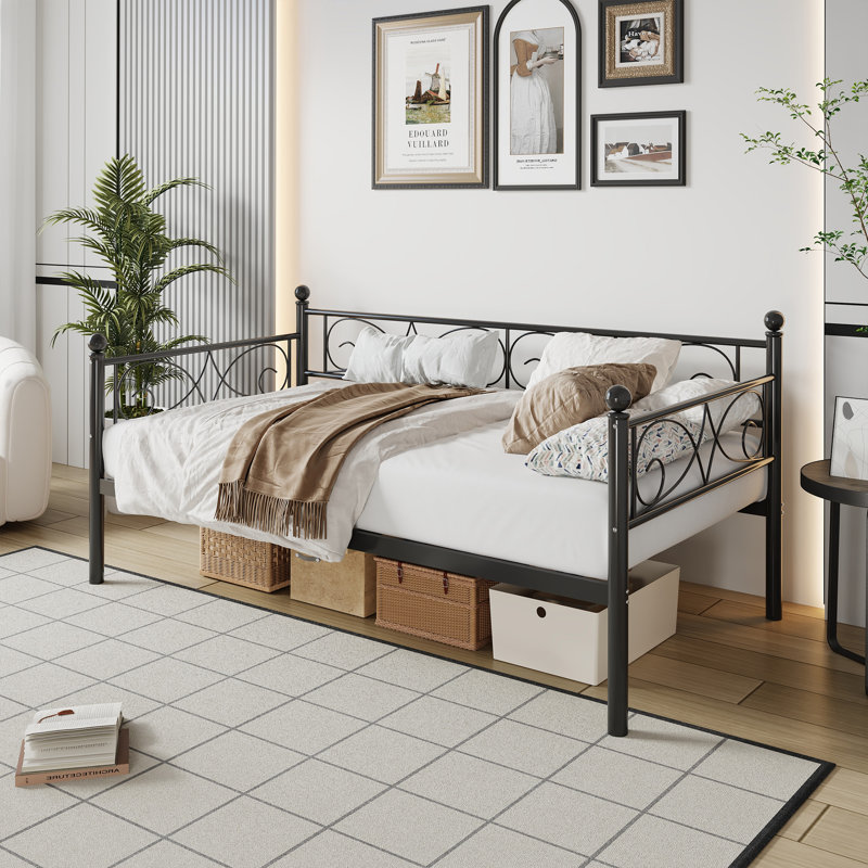 Structure de lit de jour simple en métal avec tête de lit décorative, canapé-lit simple avec support à lattes, aucun sommier nécessaire
