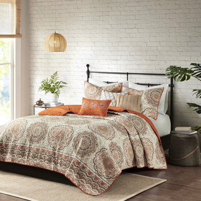 Literie très grand / très grand de couleur orange, médaillons floraux, coussins brodés, 3 taies décoratives et 2 coussins 6 pièces, courtepointe réversible orange