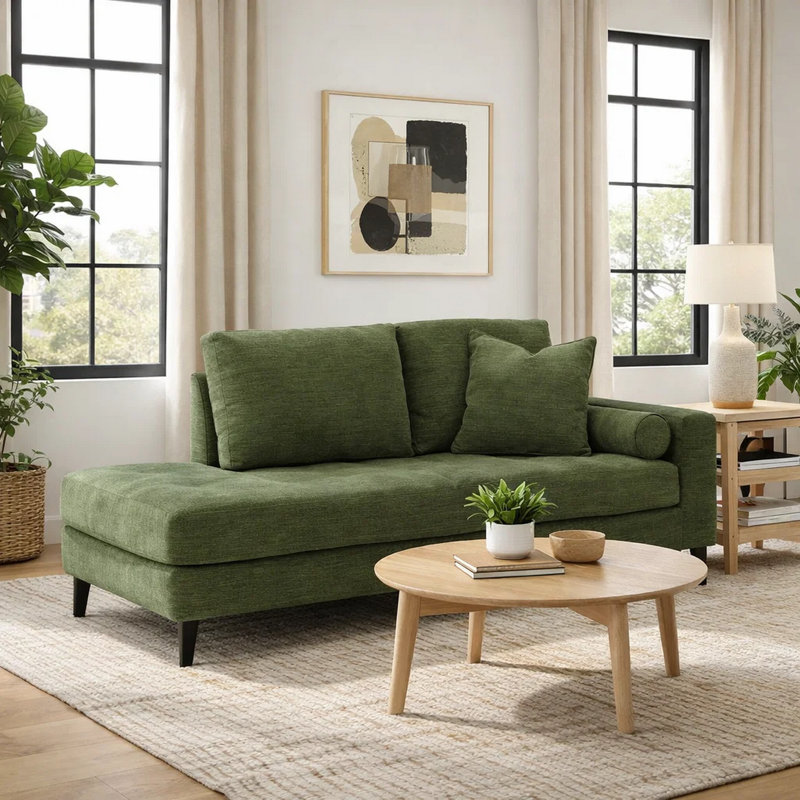 Méridienne de coin avec accoudoir à droite Bixy, 2 coussins, vert olive 75 po