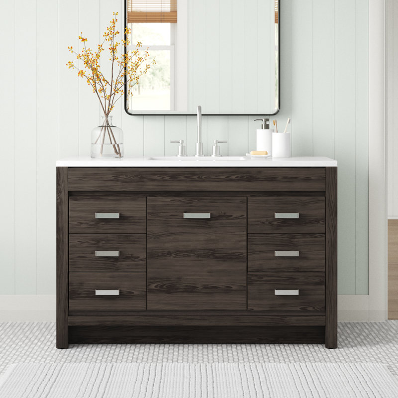 Meuble-lavabo simple 48,5 po avec plateau en marbre de culture, Chêne foncé
