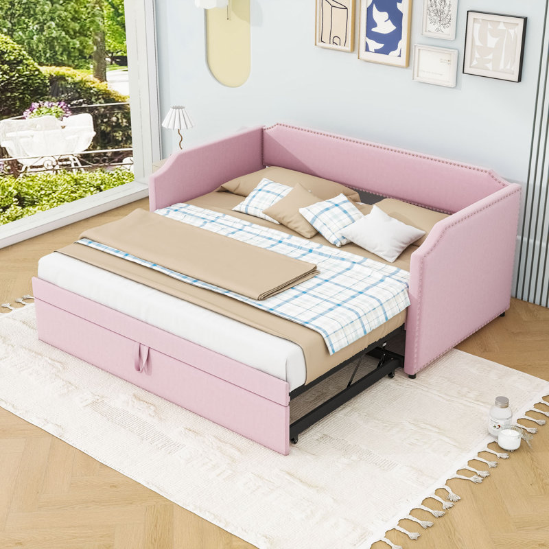 Twin-Size Upholstered Daybed with Pop-Up Twin Trundle, Pink