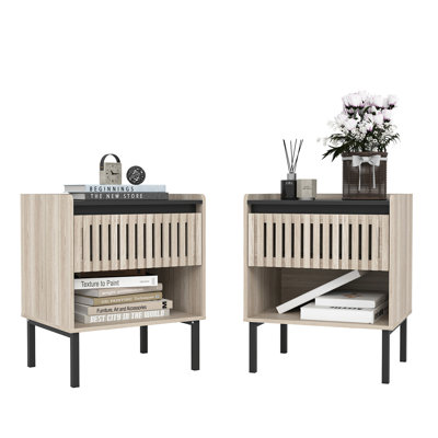 Modern 2 Piece Wooden Nightstand Set With Drawer Open Shelf For Bedroom Living Room Small Spaces