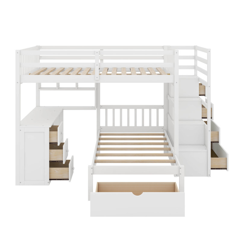 Lit superposé double au-dessus de simple avec bureau, tiroirs et tablettes, White
