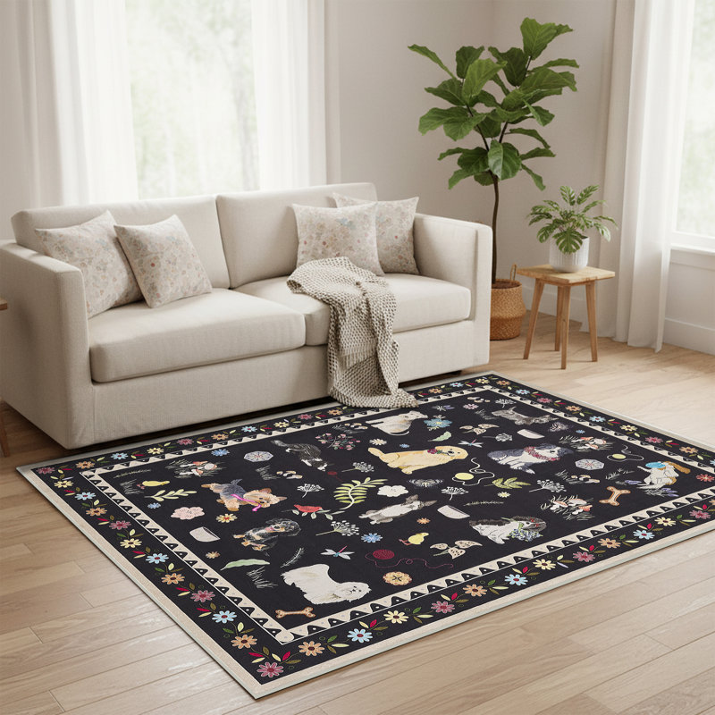 Tapis d'intérieur lavable mignon Black Puppy, Noir, Rectangle 5 pi x 7 pi