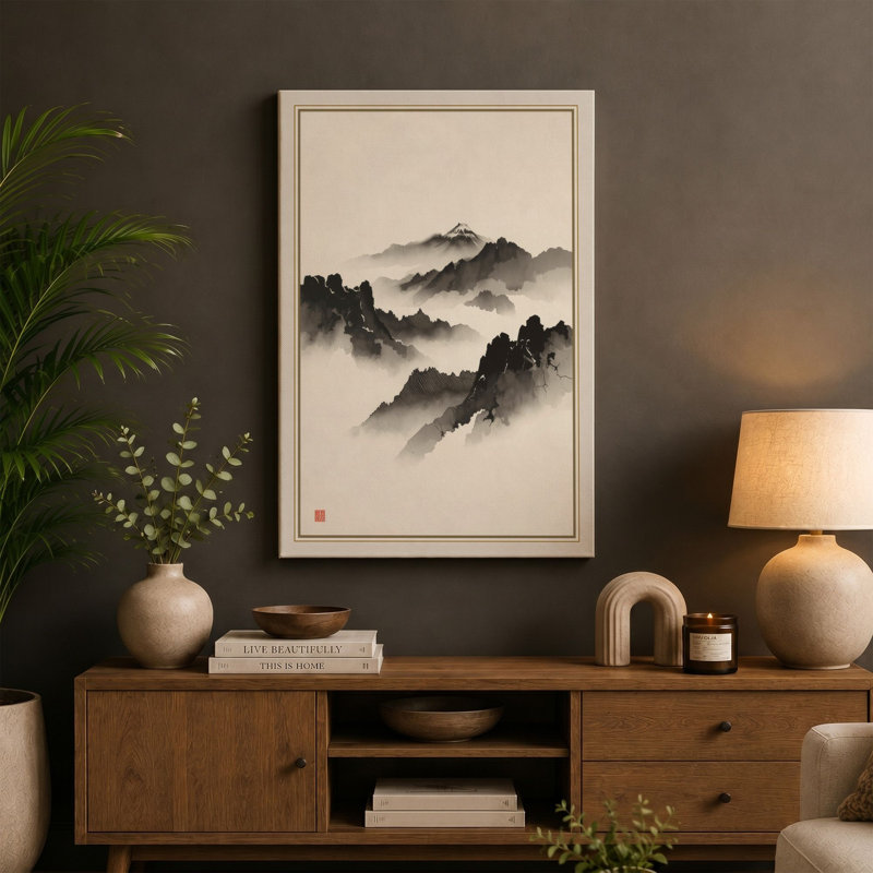 Mountains in Mist Japandi - Wrapped Canvas, 30x20 - 76.2 x 50.8 cm, White Border