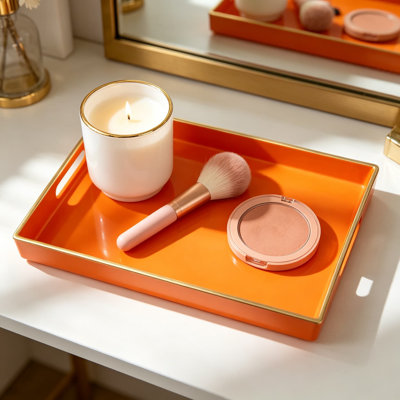 Orange Bathroom Vanity Tray with Handles for Dresser Tops, Countertop Perfume Decorative Tray, 11.8 x 7.87 x 1.37 Inches