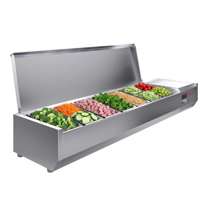 Refrigerated Prep Station 130W, Salad & Pizza Topping Table with 1/3 & 1/6 Pans, Stainless Steel, Digital Thermostat for Restaurant